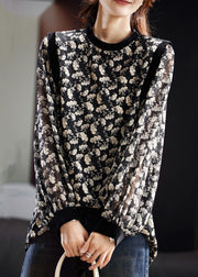 Stylish Black O Neck Print Chiffon Blouse Fall