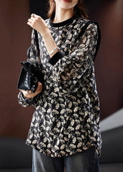 Stylish Black O Neck Print Chiffon Blouse Fall
