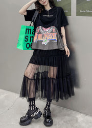 Stylish Black O Neck Print Cotton Two Pieces Set Summer