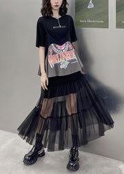 Stylish Black O Neck Print Cotton Two Pieces Set Summer