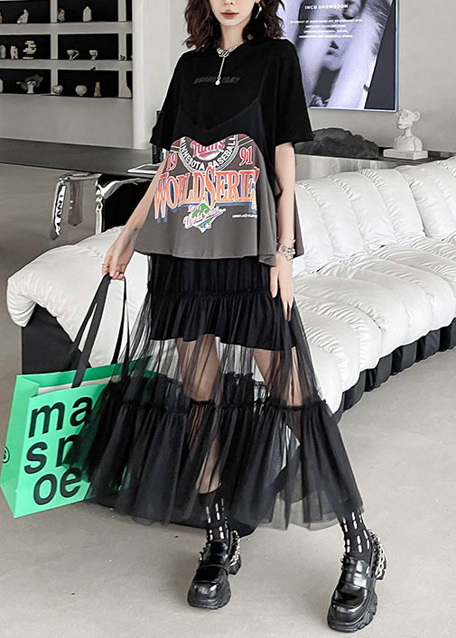 Stylish Black O Neck Print Cotton Two Pieces Set Summer