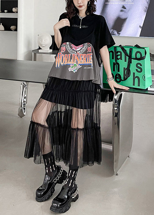 Stylish Black O Neck Print Cotton Two Pieces Set Summer