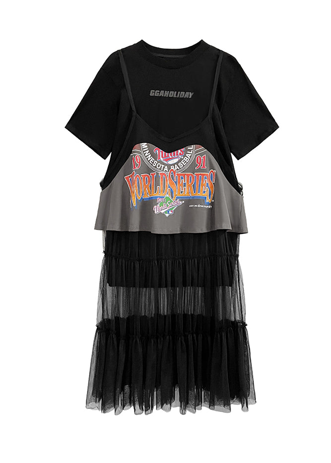 Stylish Black O Neck Print Cotton Two Pieces Set Summer