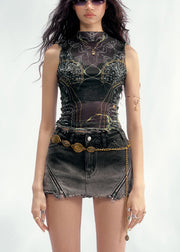 Stylish Black O-Neck Print Tulle Vests Sleeveless