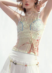 Stylish Black O-Neck Print Tulle Vests Sleeveless
