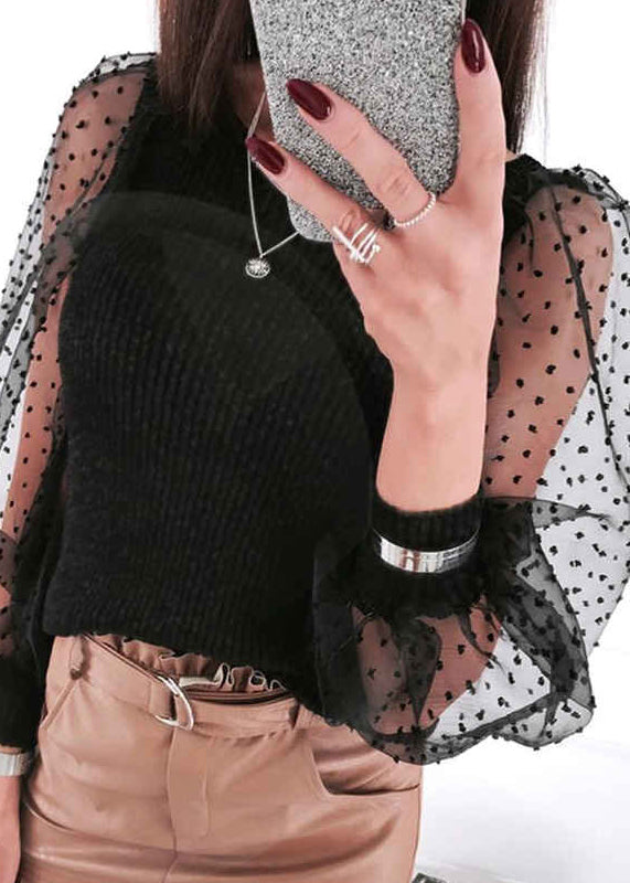 Stylish Black O-Neck Tulle Patchwork Knit Shirt Puff Sleeve