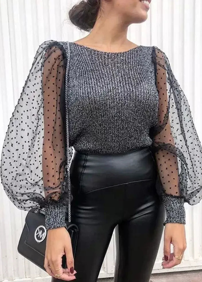 Stylish Black O-Neck Tulle Patchwork Knit Shirt Puff Sleeve