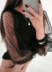 Stylish Black O-Neck Tulle Patchwork Knit Shirt Puff Sleeve