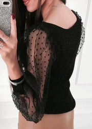 Stylish Black O-Neck Tulle Patchwork Knit Shirt Puff Sleeve