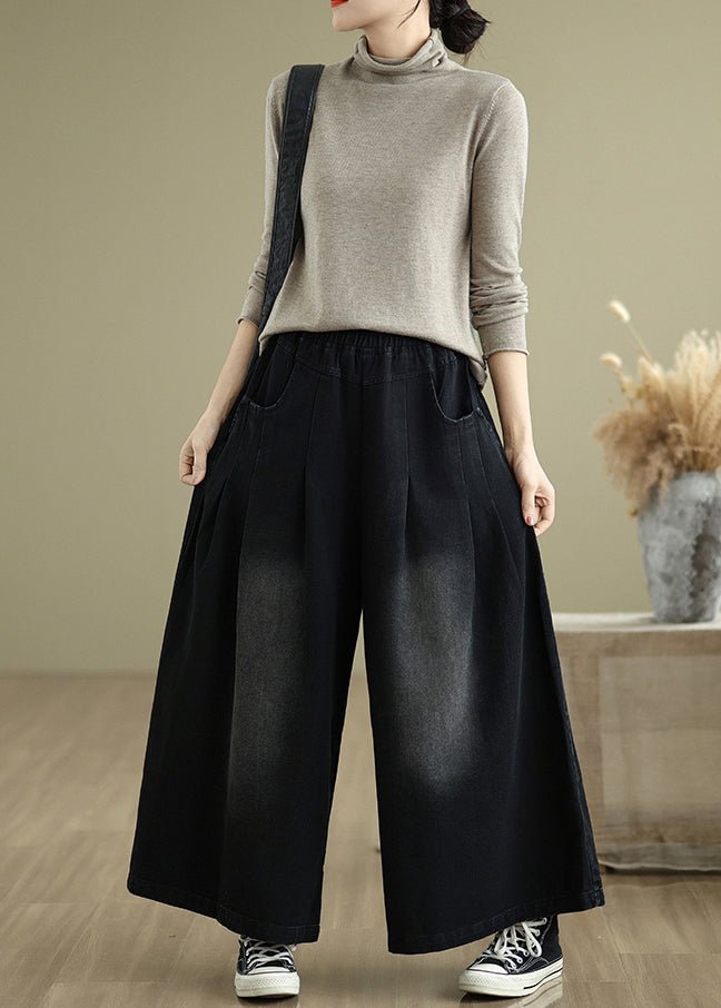 Stylish Black Oversized Denim Wide Leg Pants Summer