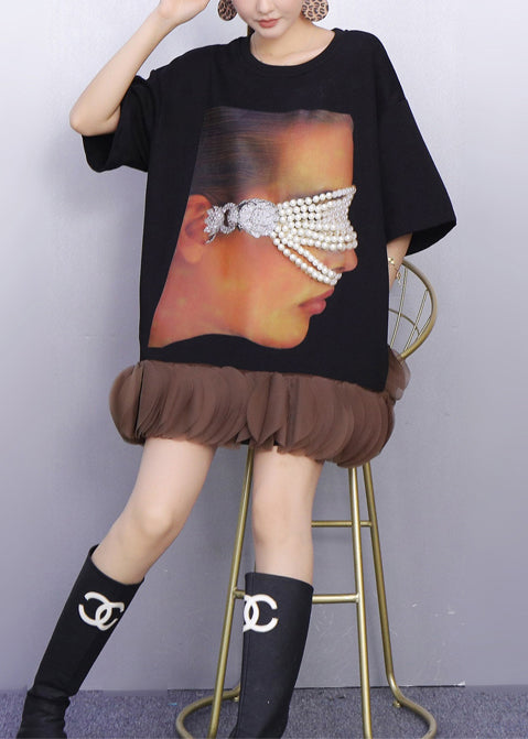 Stylish Black Oversized Patchwork Cotton Mid Dress Summer