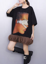 Stylish Black Oversized Patchwork Cotton Mid Dress Summer