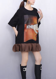 Stylish Black Oversized Patchwork Cotton Mid Dress Summer