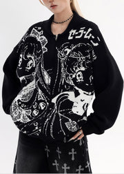 Stylish Black Oversized Print Knit Jackets Winter