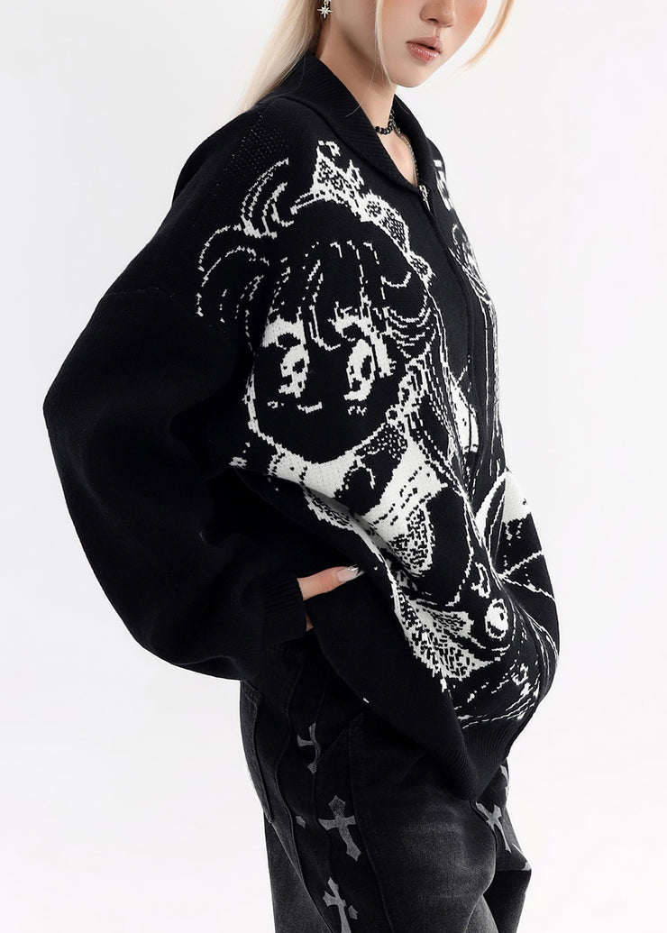 Stylish Black Oversized Print Knit Jackets Winter
