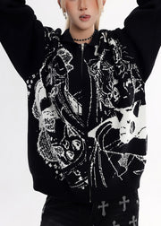 Stylish Black Oversized Print Knit Jackets Winter