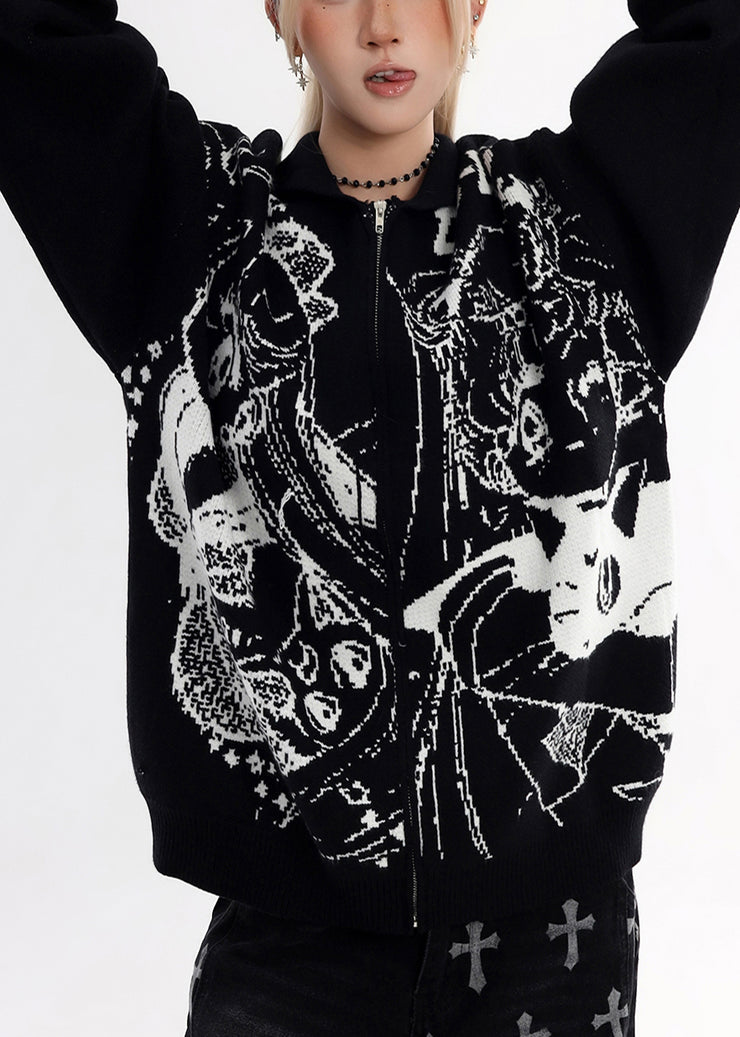 Stylish Black Oversized Print Knit Jackets Winter
