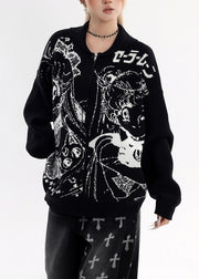 Stylish Black Oversized Print Knit Jackets Winter