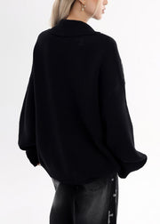 Stylish Black Oversized Print Knit Jackets Winter