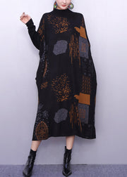 Stylish Black Oversized Print Knitted Dress Winter