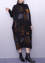 Stylish Black Oversized Print Knitted Dress Winter