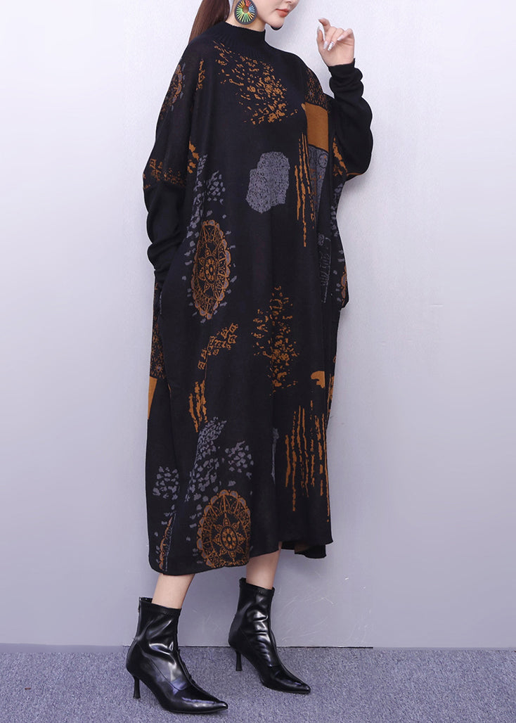 Stylish Black Oversized Print Knitted Dress Winter