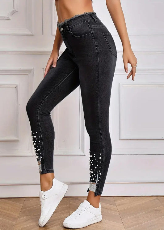 Stylish Black Pearl Hole Tunic Denim Pants Summer