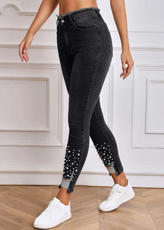 Stylish Black Pearl Hole Tunic Denim Pants Summer