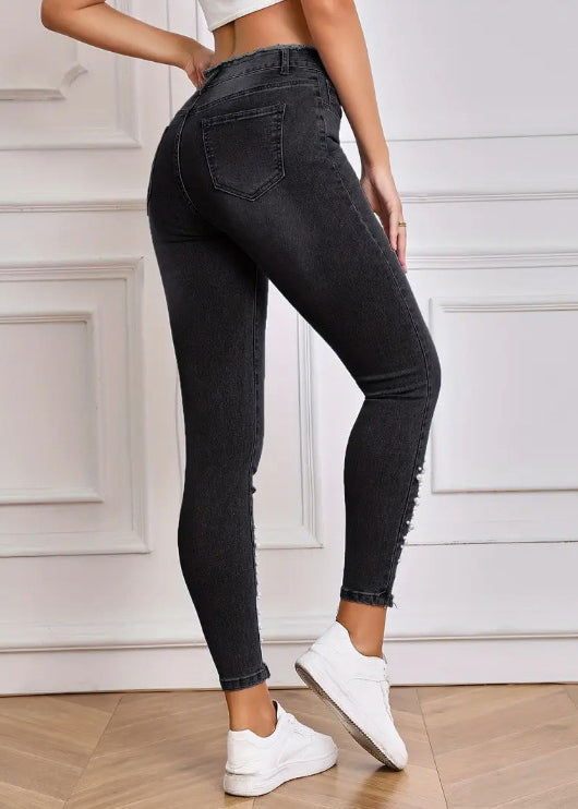 Stylish Black Pearl Hole Tunic Denim Pants Summer