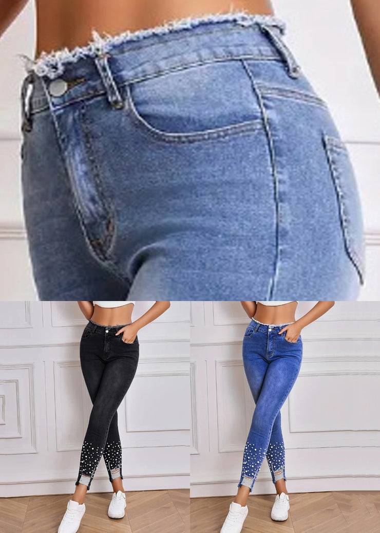 Stylish Black Pearl Hole Tunic Denim Pants Summer