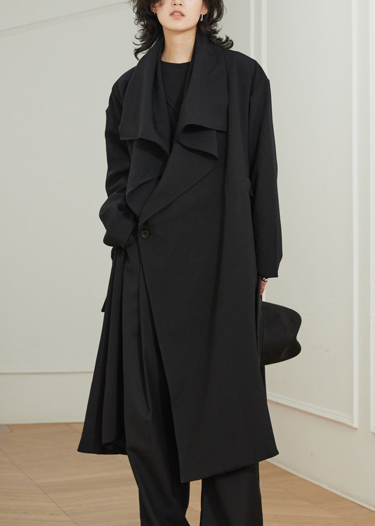 Stylish Black Peter Pan Collar Pockets Maxi Trench Coats Fall