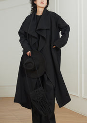 Stylish Black Peter Pan Collar Pockets Maxi Trench Coats Fall