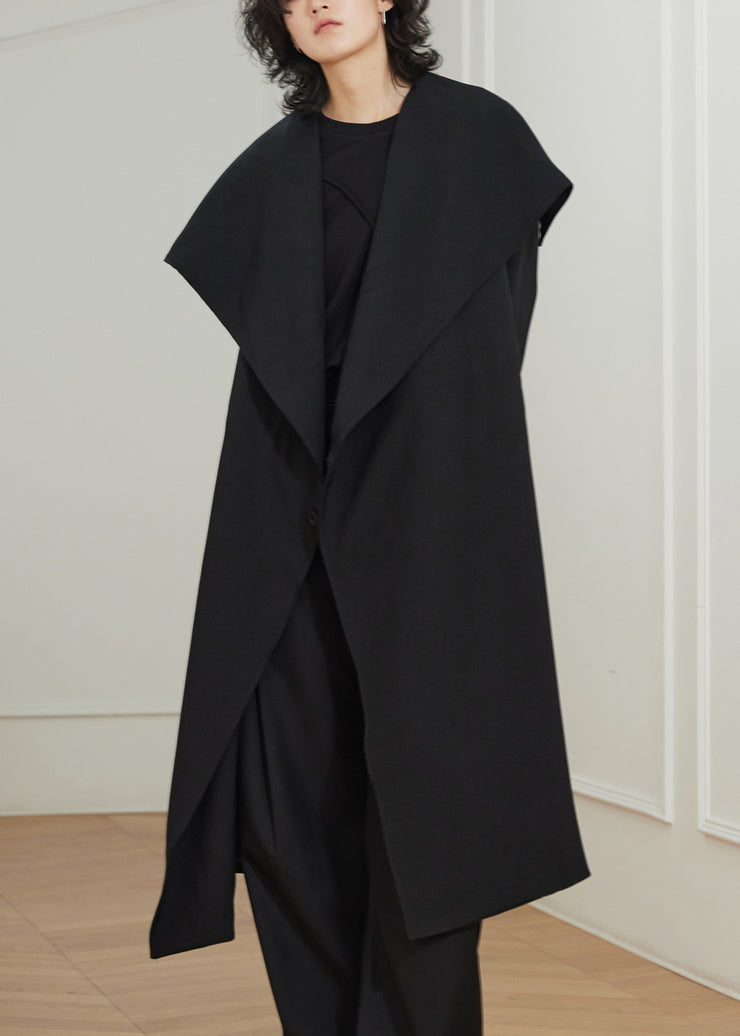 Stylish Black Peter Pan Collar Pockets Maxi Trench Coats Fall