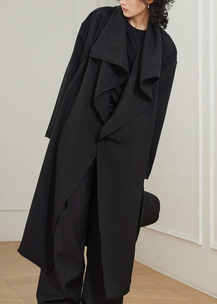 Stylish Black Peter Pan Collar Pockets Maxi Trench Coats Fall