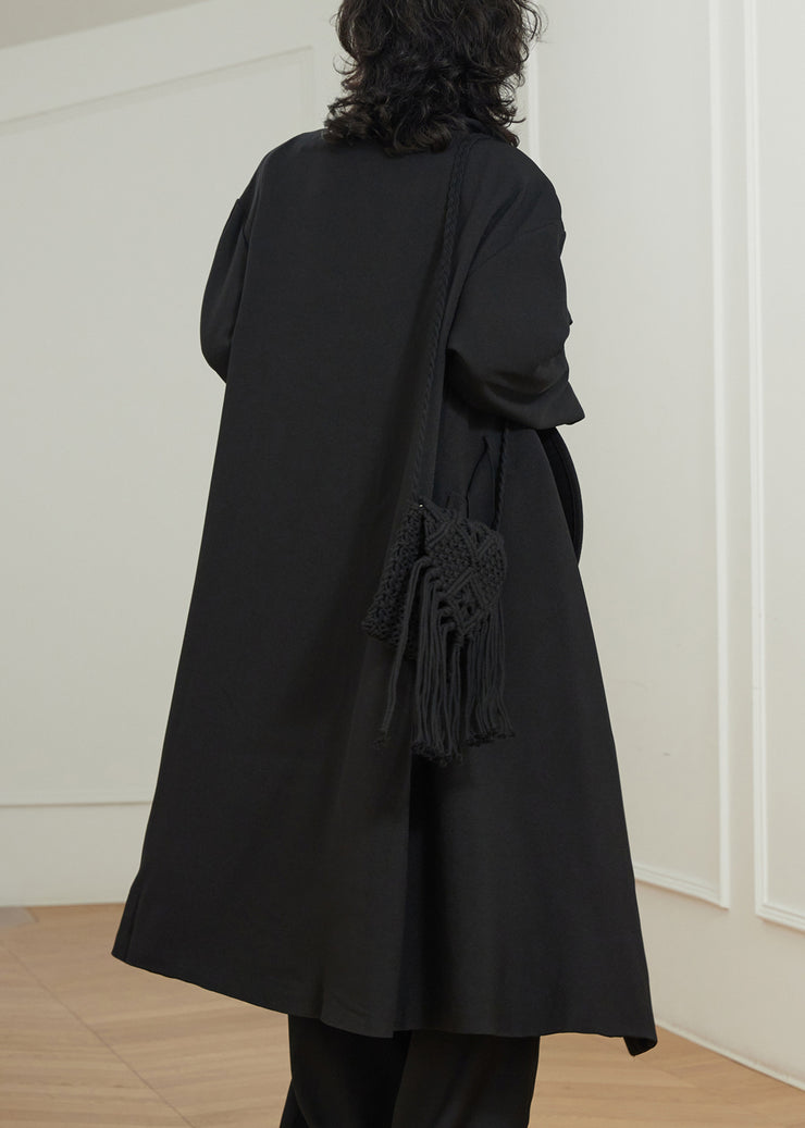 Stylish Black Peter Pan Collar Pockets Maxi Trench Coats Fall