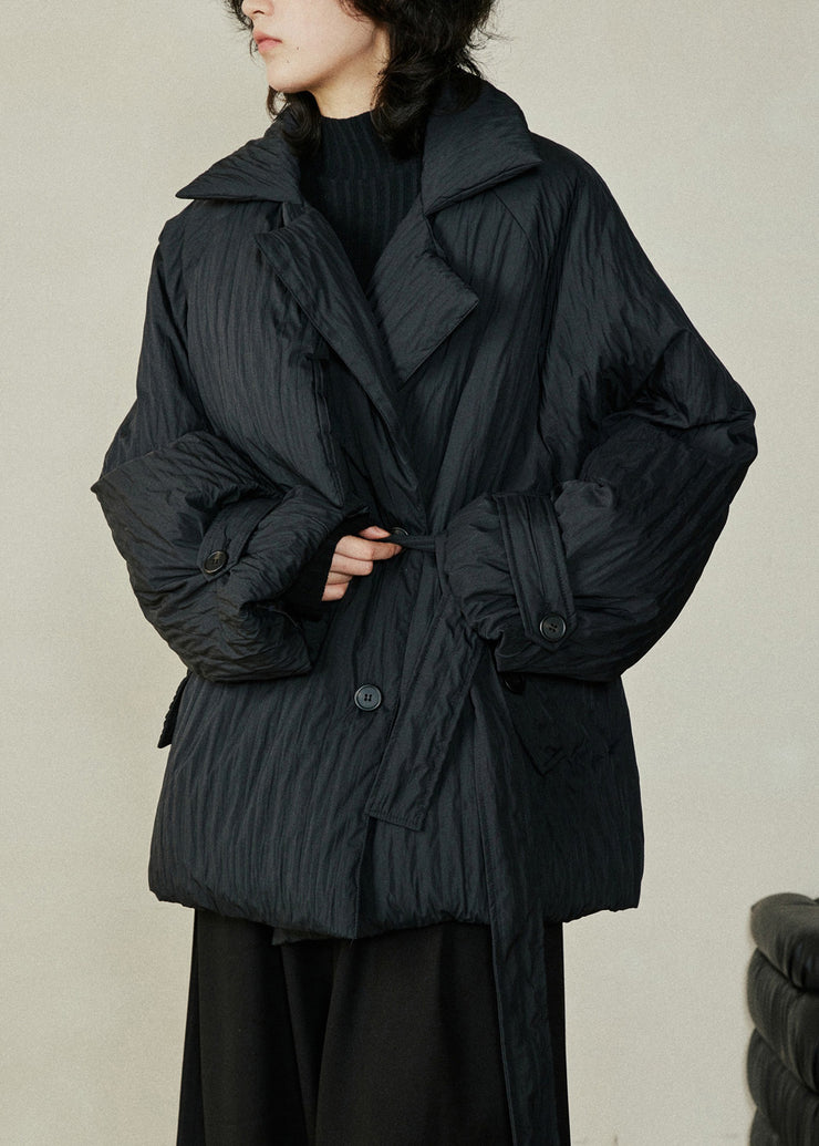 Stylish Black Peter Pan Collar Pockets Tie Waist Parka Winter