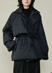 Stylish Black Peter Pan Collar Pockets Tie Waist Parka Winter