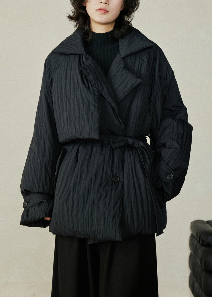 Stylish Black Peter Pan Collar Pockets Tie Waist Parka Winter