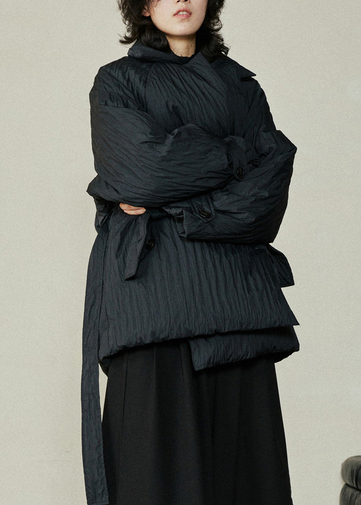 Stylish Black Peter Pan Collar Pockets Tie Waist Parka Winter