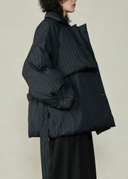 Stylish Black Peter Pan Collar Pockets Tie Waist Parka Winter