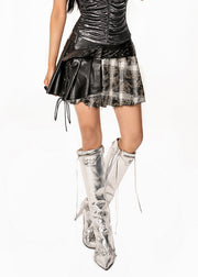 Stylish Black Plaid Fake Two PIieces PU Patchwork Pleated Skirts