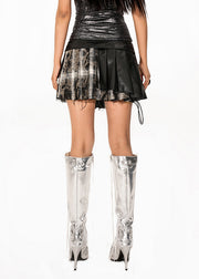 Stylish Black Plaid Fake Two PIieces PU Patchwork Pleated Skirts