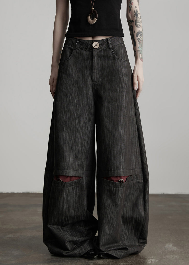 Stylish Black Pockets High Waist Cotton Wide Leg Pants Fall