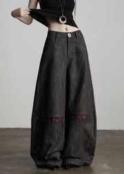 Stylish Black Pockets High Waist Cotton Wide Leg Pants Fall