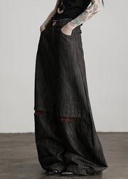 Stylish Black Pockets High Waist Cotton Wide Leg Pants Fall