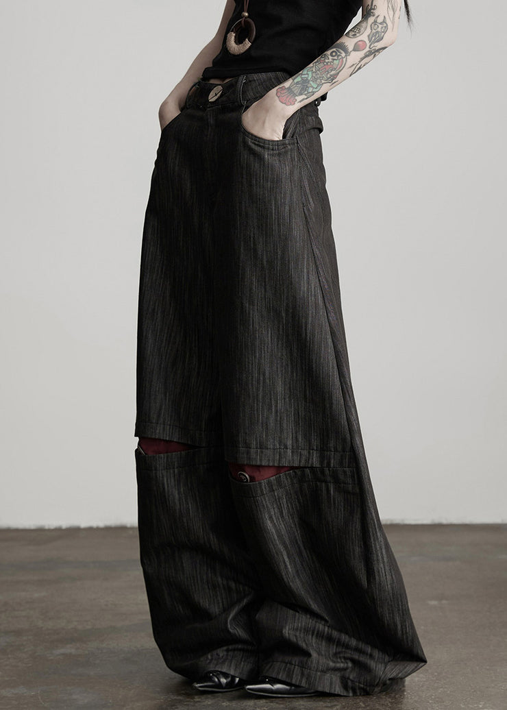 Stylish Black Pockets High Waist Cotton Wide Leg Pants Fall