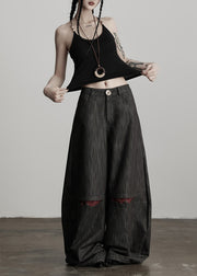 Stylish Black Pockets High Waist Cotton Wide Leg Pants Fall