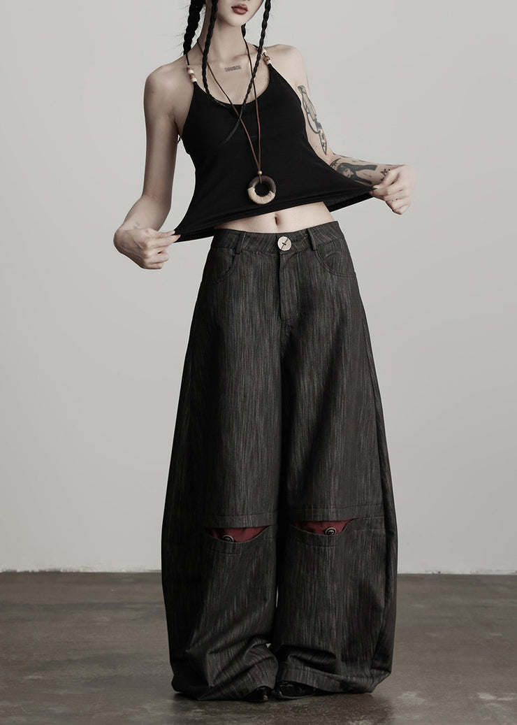 Stylish Black Pockets High Waist Cotton Wide Leg Pants Fall