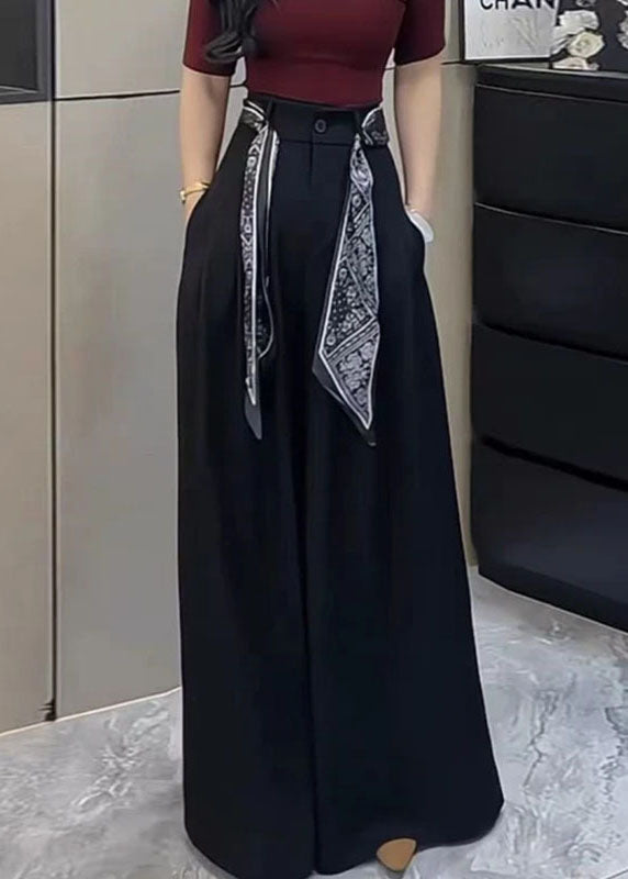 Stylish Black Pockets High Waist Spandex Wide Leg Pants Fall