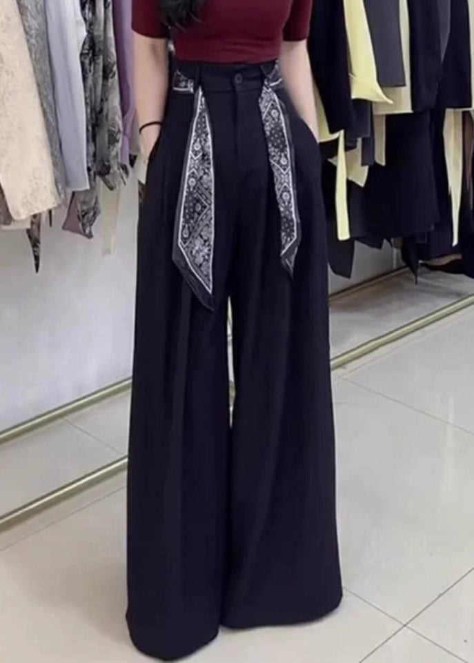 Stylish Black Pockets High Waist Spandex Wide Leg Pants Fall